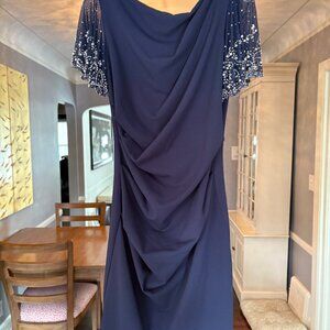 NWOT Betsy & Adam Navy Blue Midi Formal Dress with Beads and Pearls. Size 10P